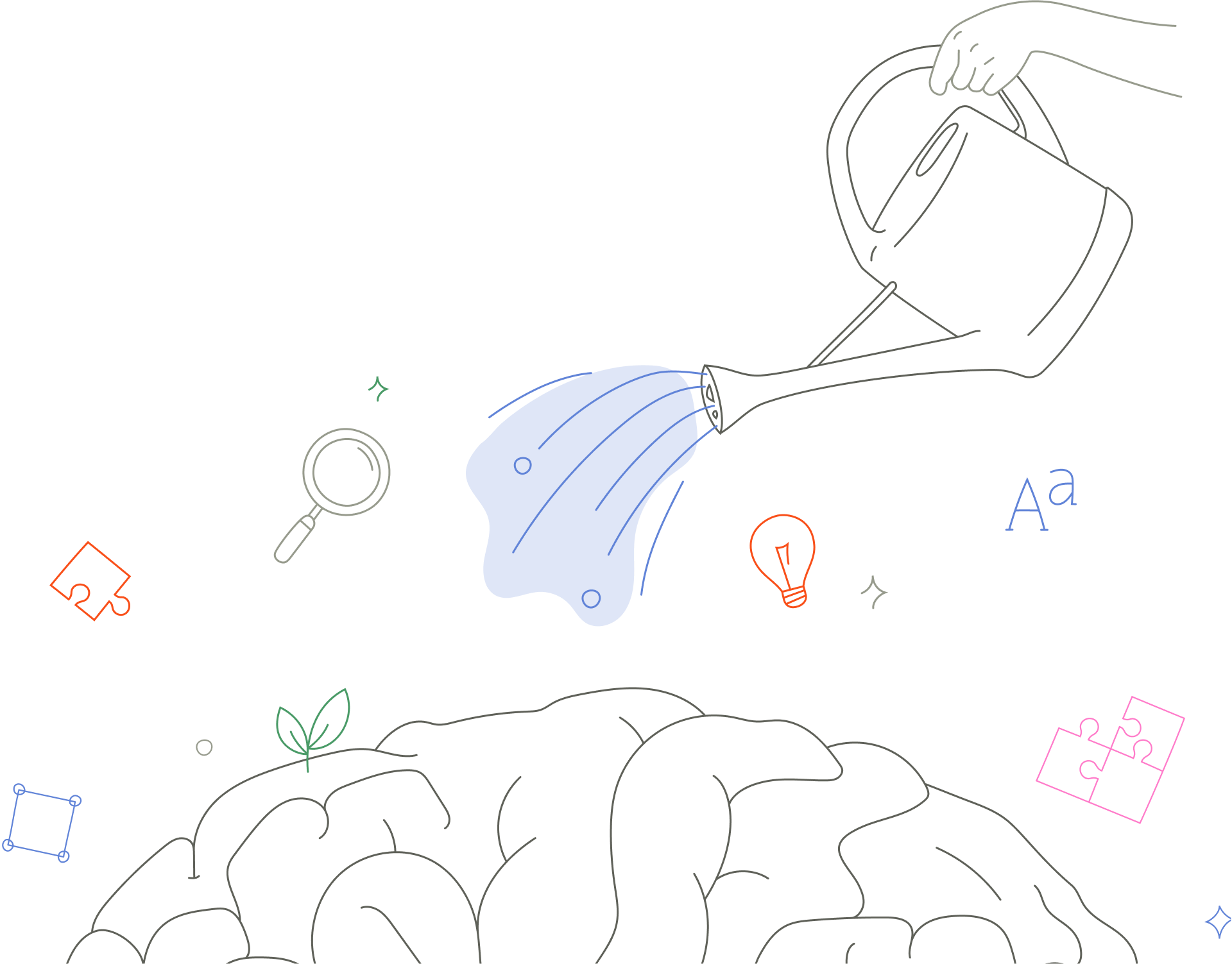 Illustration d’un arrosoir nourrissant un cerveau, symbolisant l’éclosion d’idées